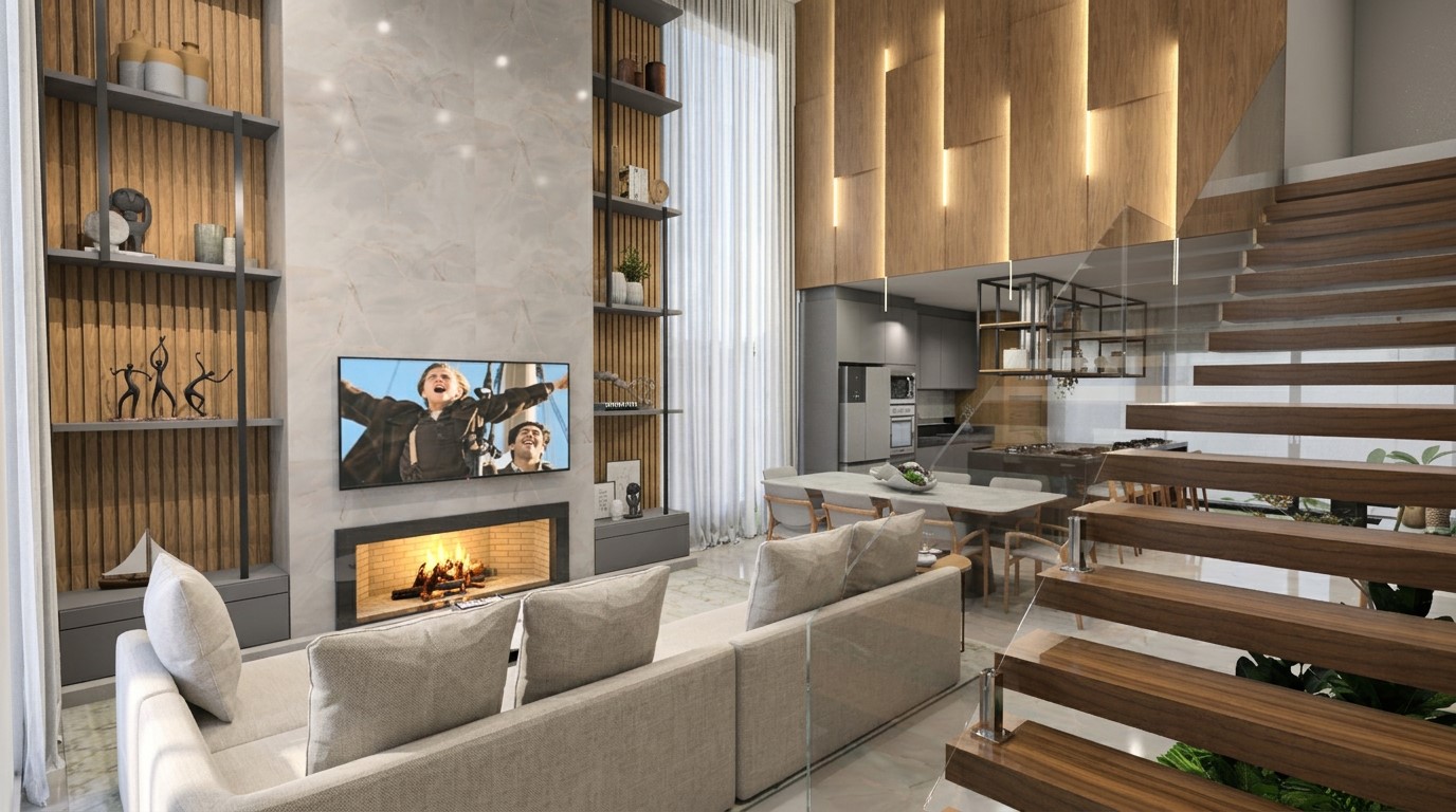 Sala de estar planejada com escada